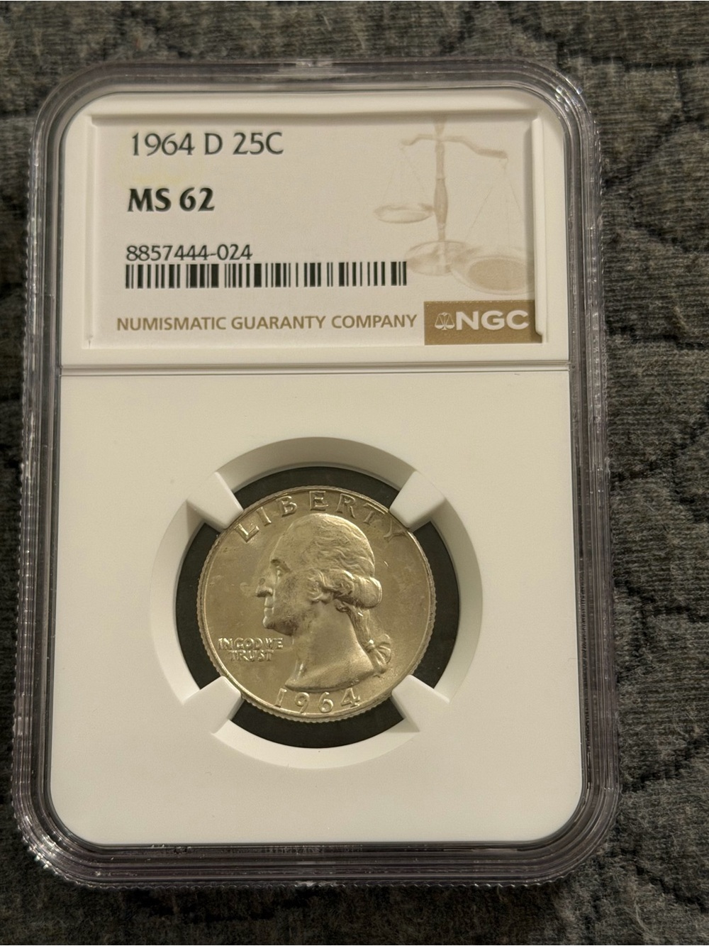 1964 D Washington Quarter MS62 - NGC Certified Silver Tone